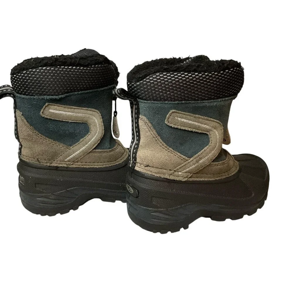 Thermolite winter snow boots childs kids Size 8 leather front zipper Green Boy’s